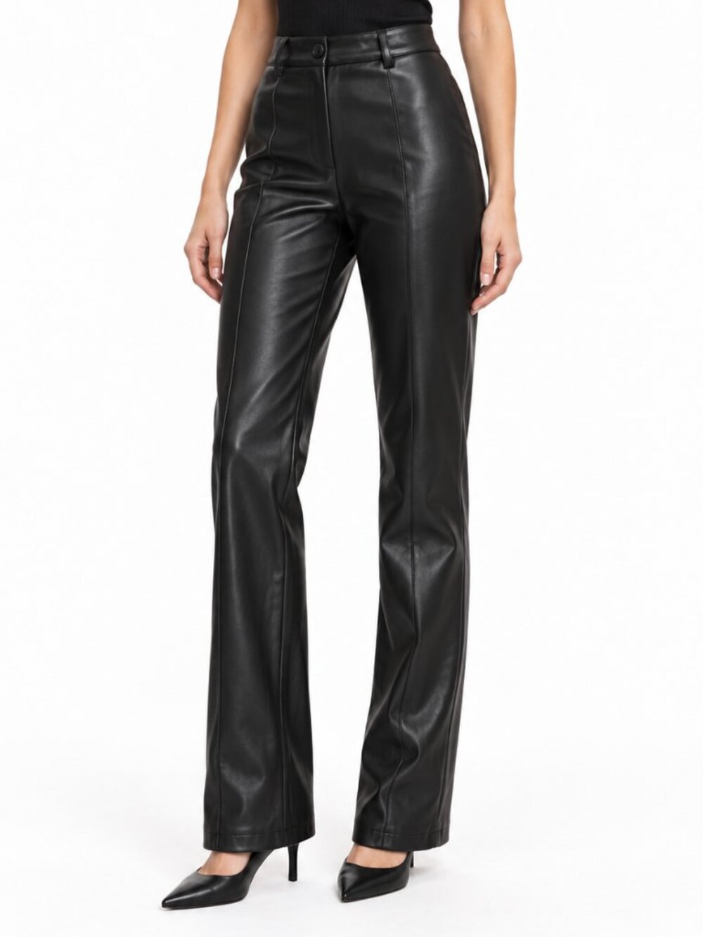 Commense Women's Black Faux Leather High-Rise Straight Leg Pants, XS